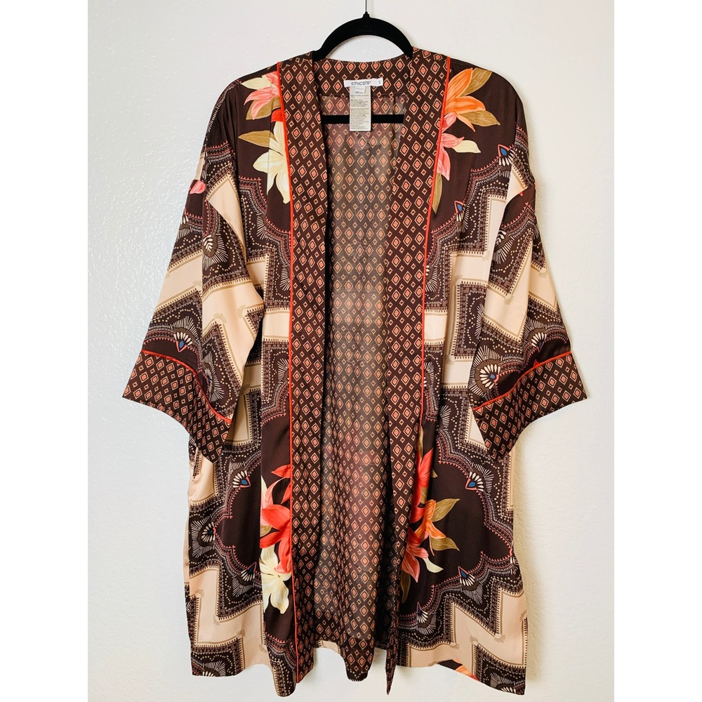 Chico's Kimono Cardigan Women S/M Brown Floral Boho Open Front Duster Wrap